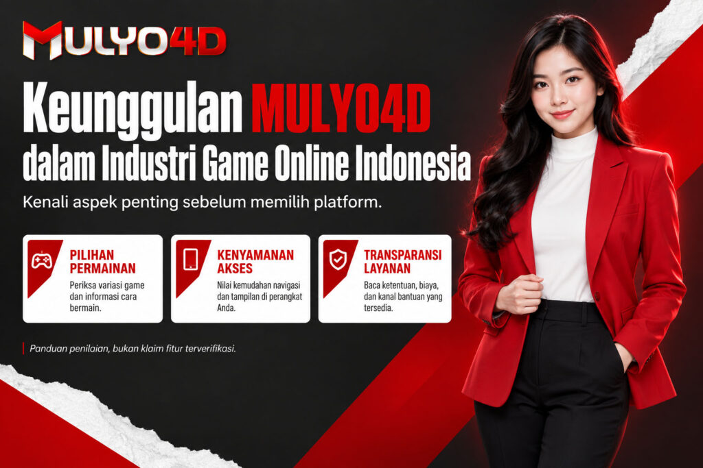 Banner MULYO4D berlatar merah putih hitam dengan wanita berblazer merah serta penjelasan pilihan permainan, kenyamanan akses, dan transparansi layanan