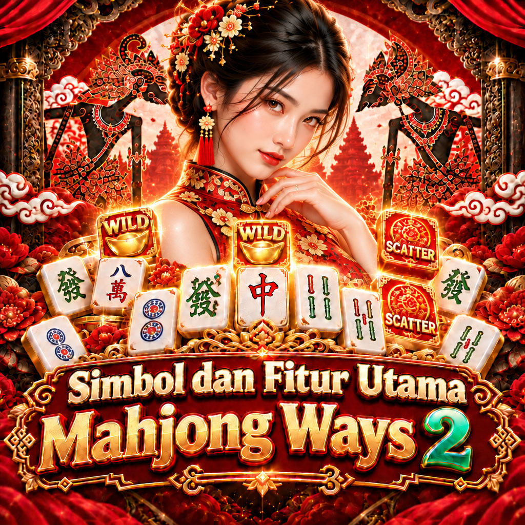 Mahjong Ways 2 dengan close-up wanita Asia berchongsam, pose lebih sensual secara elegan, simbol wild dan scatter, serta latar wayang Jawa merah putih hitam mulyo4d