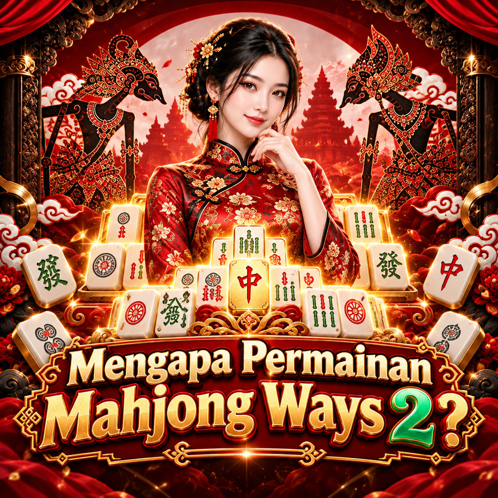 Mahjong Ways 2 dengan wanita Asia berbusana chongsam sopan, pola kemenangan besar mahjong, dan latar wayang Jawa merah putih hitam mulyo4d