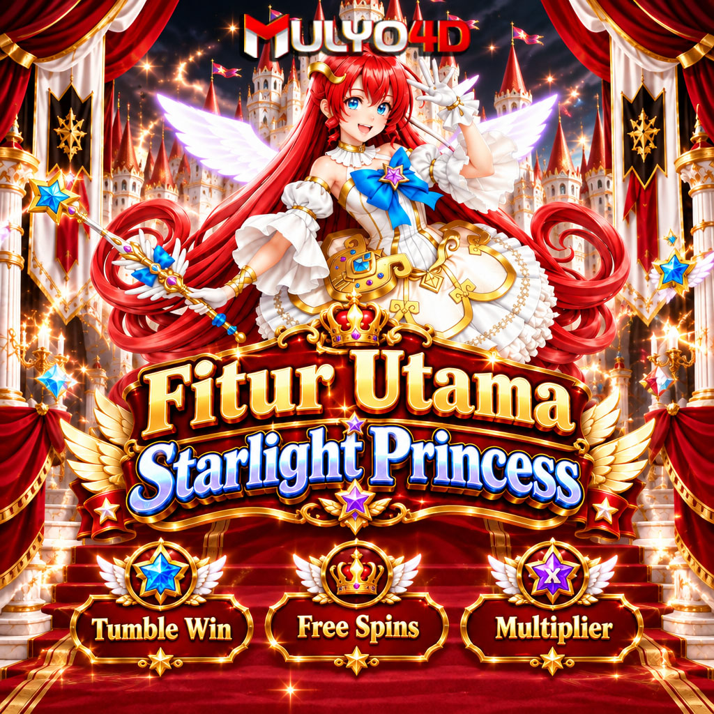 bertema kerajaan princess merah putih hitam dengan gemerlap emas, karakter 3D yang sama, dan teks fitur utama Starlight Princess mulyo4d