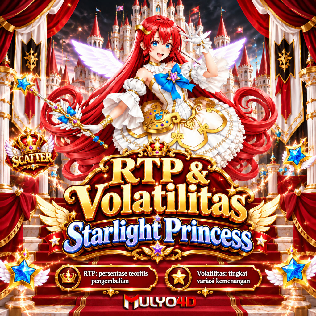 elegan bertema kerajaan princess merah putih hitam dengan karakter 3D yang sama, aksen emas, scatter, dan teks tentang RTP serta volatilitas Starlight Princess mulyo4d