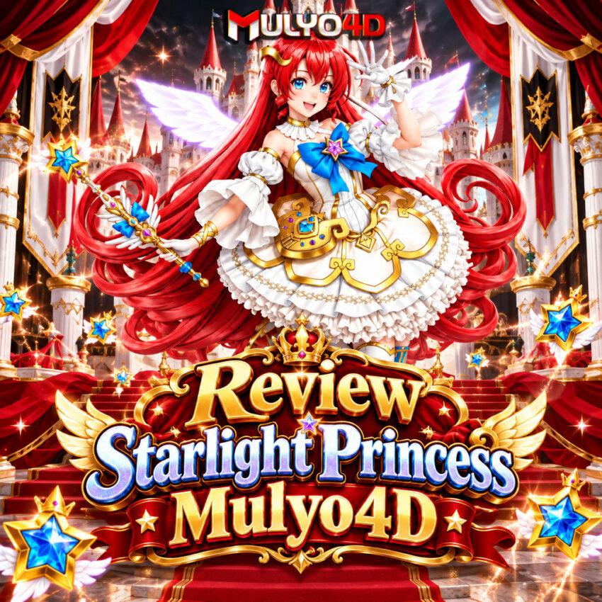 kerajaan princess dengan karakter 3D rambut merah, latar merah putih hitam, aksen emas, simbol scatter, dan teks “Review Starlight Princess Mulyo4D”