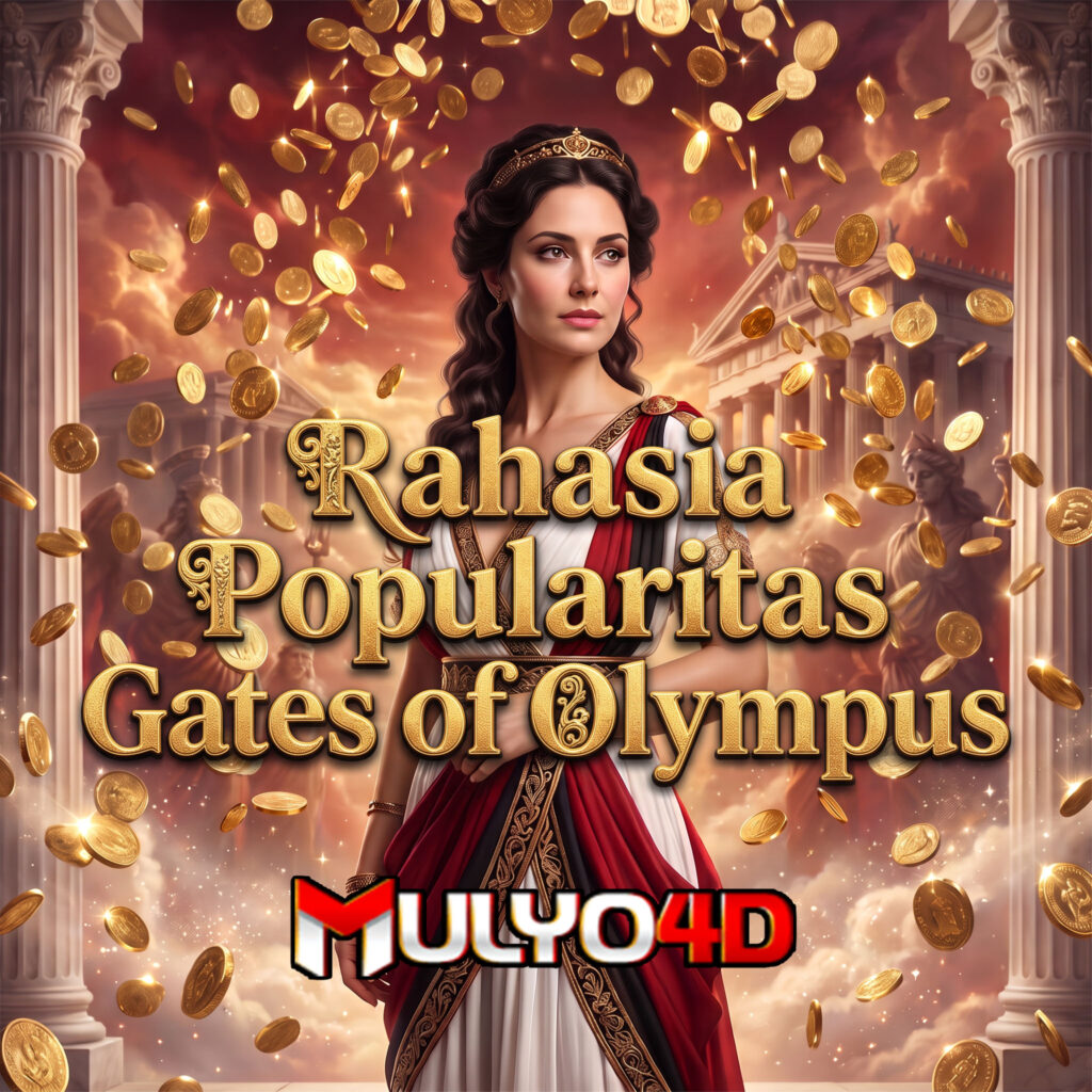 mitologi Yunani dengan wanita realistis pose berpikir, hujan koin emas, dan tulisan “Rahasia Popularitas Gates of Olympus” mulyo4d